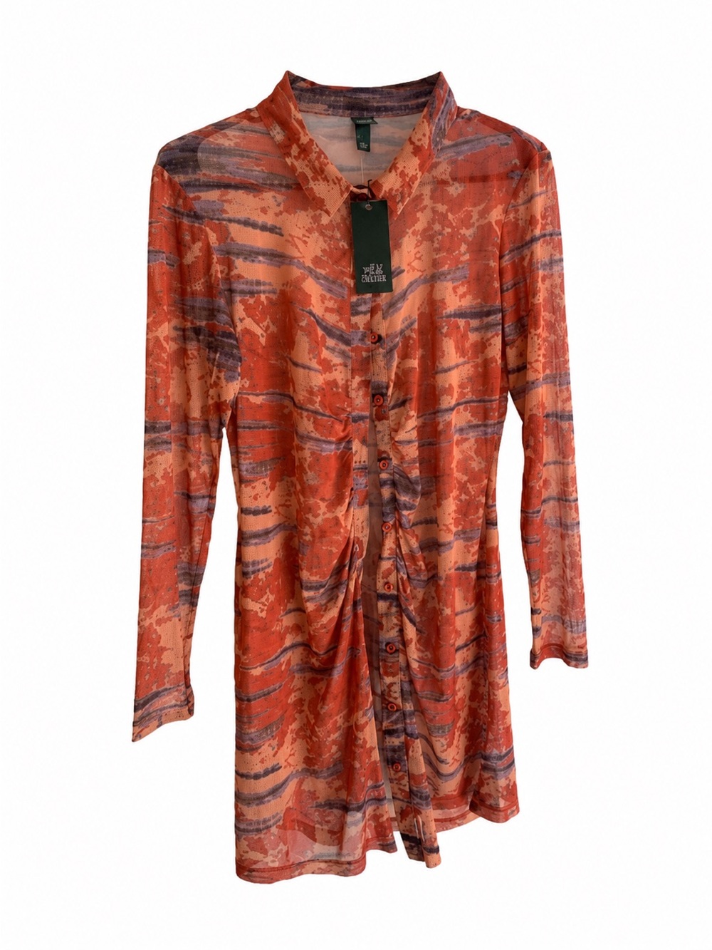 Wild Fable NWT Sheer Mesh Button Front Mini Dress Orange Abstract Small - Picture 2 of 5